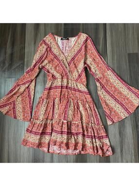 Blue B Boho Dress Women's Size Small Tiered Bell Sleeves Fall Colors